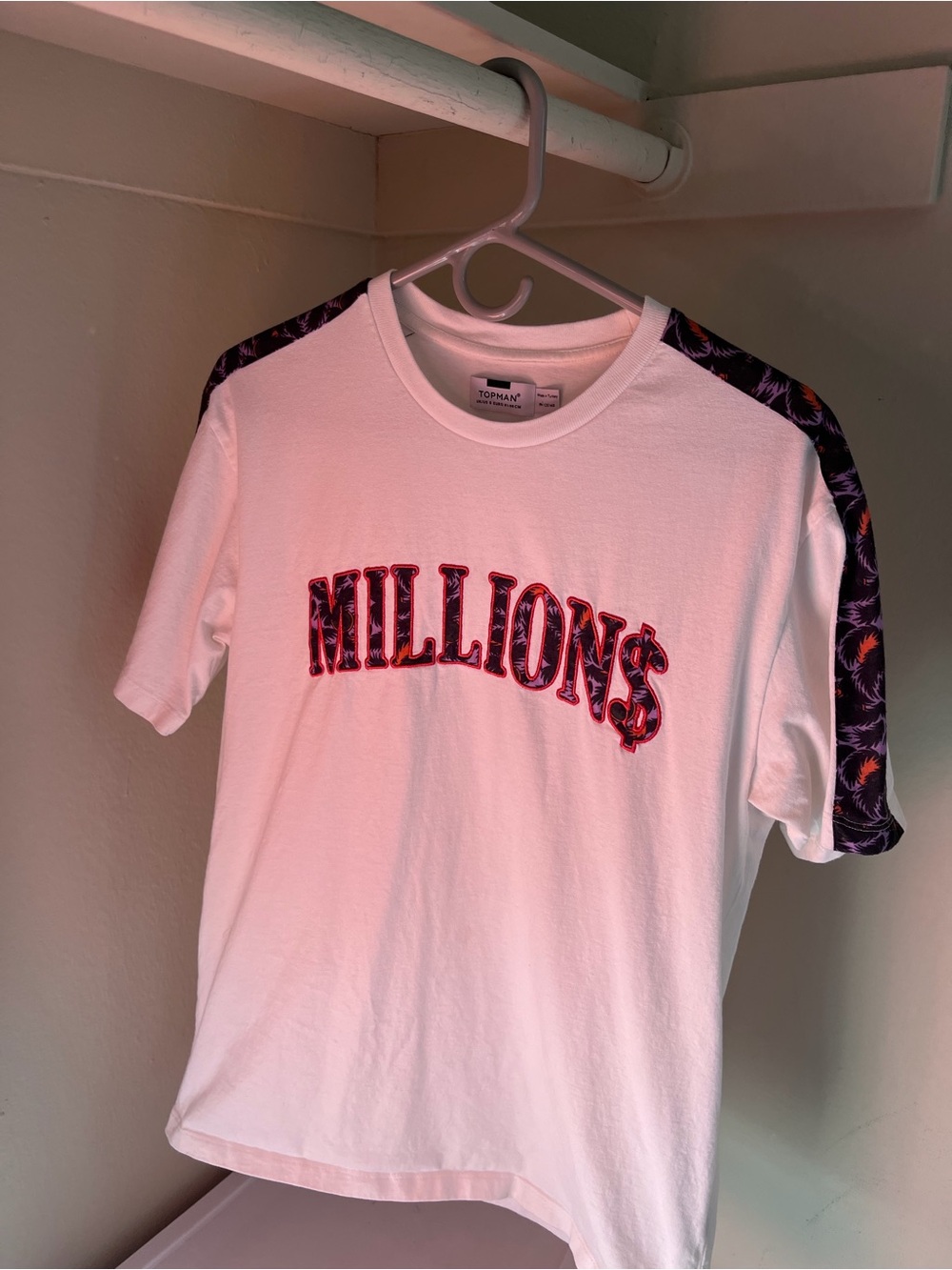 Topman "MILLION$" Graphic White Tee with Floral Shoulder Panels